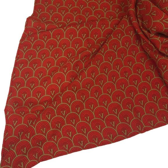 Vintage Valentino Orange Red Gold Scarf V Scallop Design Logo Square Polyester - Picture 2 of 4
